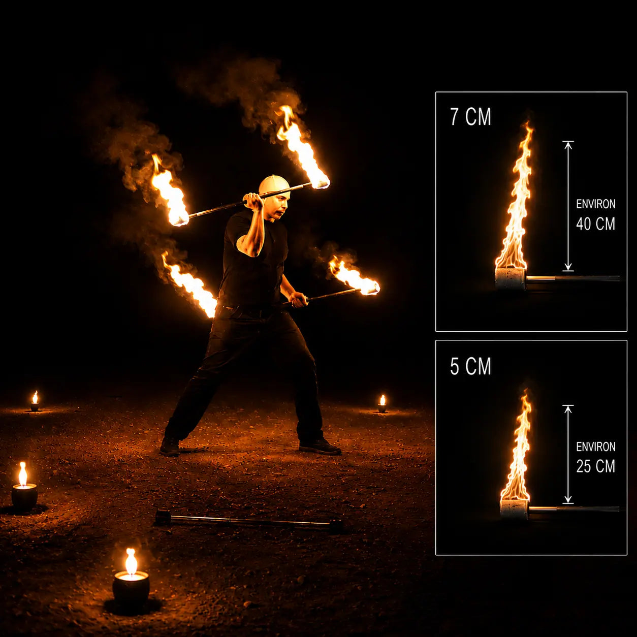 Comparaison des flammes d’un double staff de feu avec mèches de 5 et 7 cm