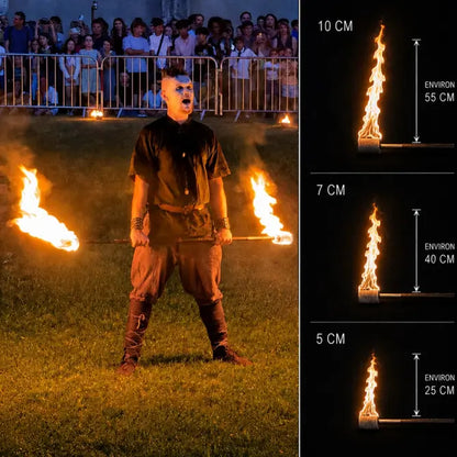 Comparaison des flammes des staffs de feu Tribe Forge en mèches de 5, 7 et 10 cm