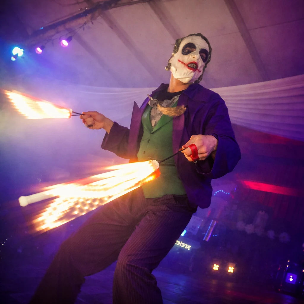 Artiste performer LED debout sur un bar lors d'un événement nocturne en intérieur. 