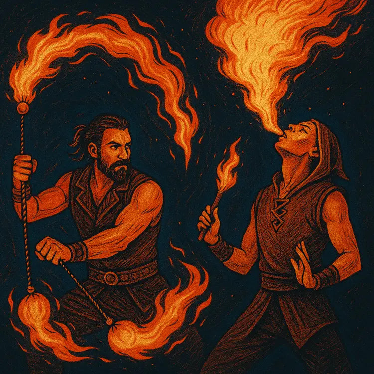 Cracheur de feu et danseur de feu stylisés.
