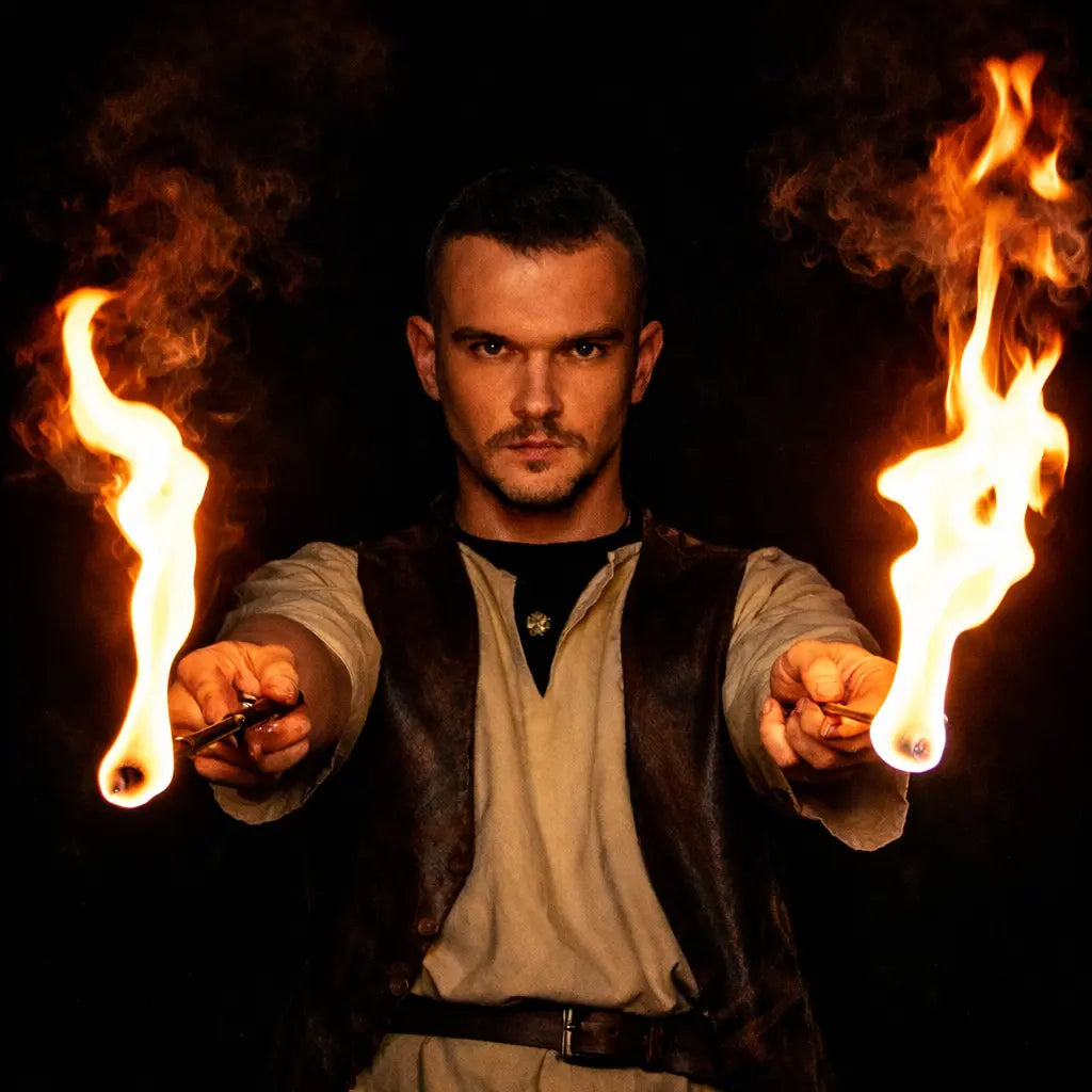 Cracheur de feu à Lyon, portrait de l'artiste avec deux torches enflammées dans la nuit.