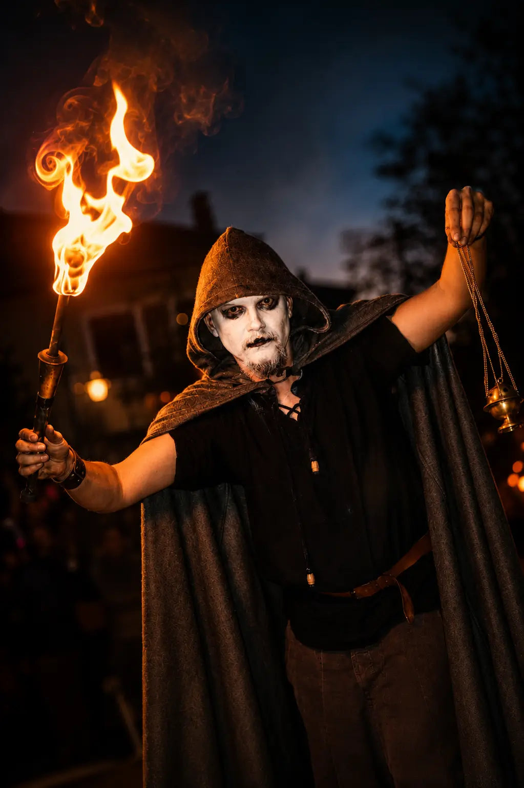 Personnage costumé avec une torche pour une déambulation proposée à Valence